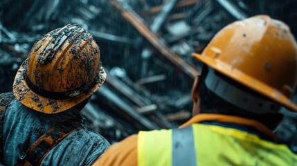 Two construction workers wearing helmets and high-visibility vests are captured from the back, standing in muddy conditions with a focus on the muddy work environment.