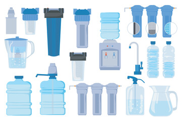Poster - Water purification equipment set elements in flat graphic design. Bundle objects of bottles, coolers, pitcher with filters, pipeline, home faucet, pump system, tank, tap, other. Vector illustration.