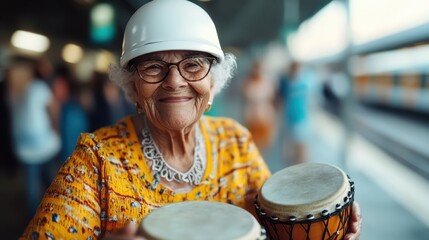 An elderly woman grins while playing bongo drums in a busy train station, his bright clothing and joyful energy capturing a moment of cultural expression.