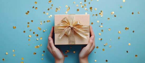 Wall Mural - Gift Box with Golden Bow on Blue Background