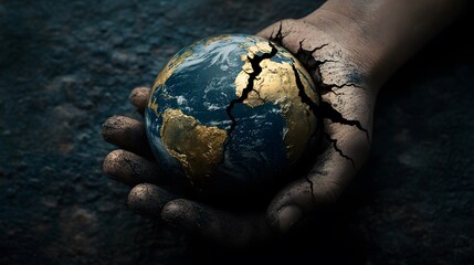 Sticker - Hand Holding Earth with Breaking Cracks: A hand holding the Earth, with visible cracks forming on the planet's surface, symbolizing environmental fragility.
