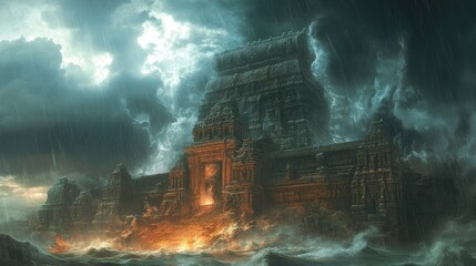 Sticker - Ancient Temple Bathed in Rain and Surrounded by Turbulent Waves