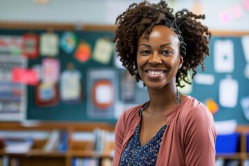 Wall Mural - A smiling woman stands in front of a blackboard with a smile on her face, generative ai image