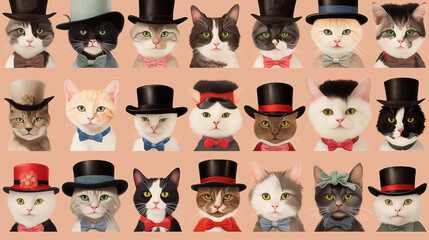 Charming cats in formal attire, vintage illustration on peach background

