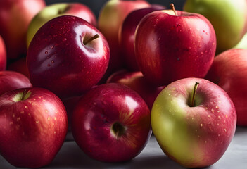 Wall Mural - A close-up view of a pile of red and green apples, showcasing their shiny skins and fresh appearance. The apples are arranged in a way that highlights their vibrant colors and textures.