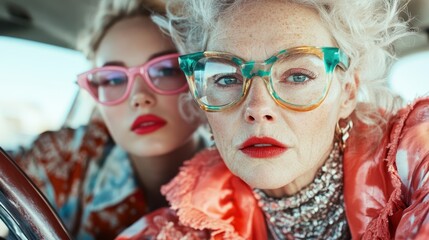 A duo characterized by their playful and retro style, featuring striking colorful glasses and expressive faces, captured in a dynamic and vivid scene.