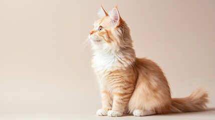 Wall Mural - a playful munchkin cat sitting on a light solid color background, showcasing its short legs and fluf