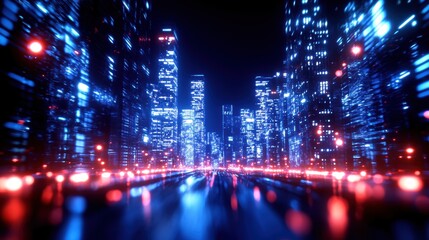 Futuristic city skyline with neon lights, showcasing a vibrant urban landscape at night, perfect for technology and nightlife themes.