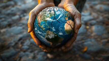 Wall Mural - Hand Holding Earth with Breaking Cracks: A hand holding the Earth, with visible cracks forming on the planet's surface, symbolizing environmental fragility.
