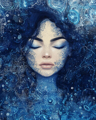 Dreamy woman with intricate patterns, closed eyes, abstract blue design