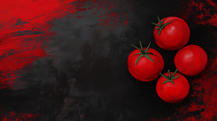 Four ripe tomatoes on a red and black textured background, minimal food concept