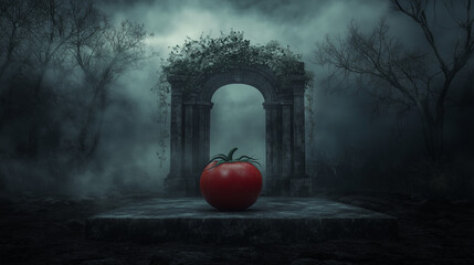 Wall Mural - Tomato on a stone altar in a foggy forest, dark surreal scene