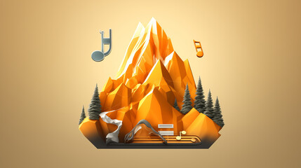 Low-poly mountain with musical notes, digital art in orange tones
