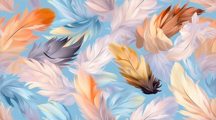 Colorful feathers floating in the air, pastel tones, light and airy design