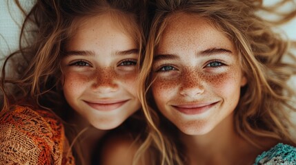 Two freckled girls with joyful smiles laying closely, sharing a candid moment together, capturing the essence of closeness, innocence, and sibling love in their expressions.