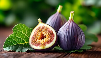 Fresh green figs with leaves in vibrant display, showcasing cut and whole fruits against a natural backdrop