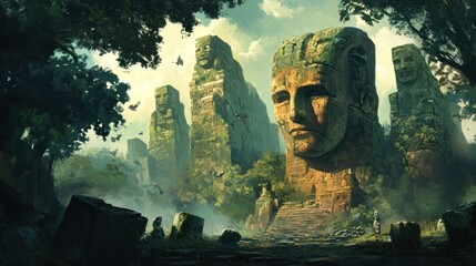 Wall Mural - Stone Guardians of an Ancient Jungle Temple