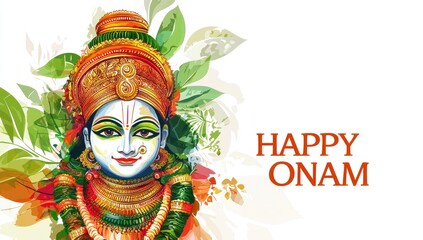 Vector illustration of the happy Onam festival with a Kathakali mask in an abstract background with the text 