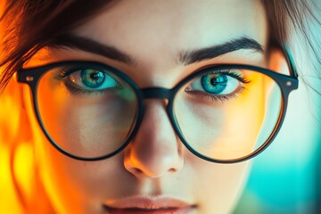 Sticker - Close up portrait of young woman wearing round glasses with colorful light reflections