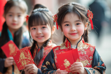 Children joyfully celebrating a festive occasion with red envelopes during a vibrant cultural festival in a bustling outdoor setting