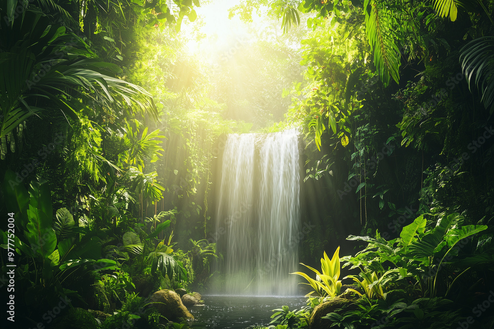 Lush green rainforest with cascading waterfall and sunlight streaming ...