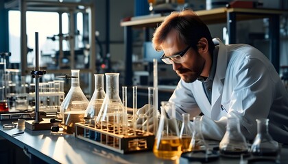 Innovative scientist experimenting in a laboratory workshop amidst glass instruments and tools