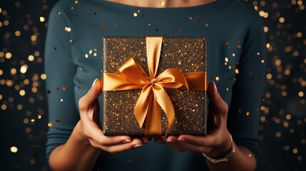 Wall Mural - Woman hands holding elegant present gift box with golden ribbon over blue background with confetti. birthday greeting card. Top view