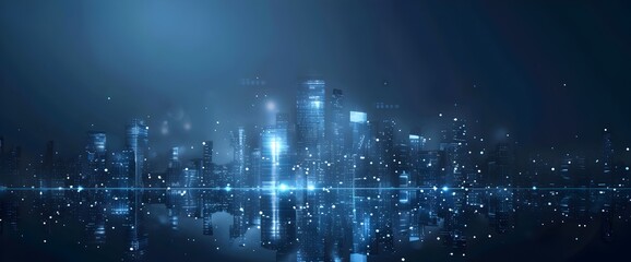 Abstract digital technology background with a blue glowing city skyline, a night view of the metropolis. Vector illustration for banner design and business concept on a dark background.