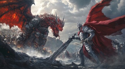 Canvas Print - A knight with a giant sword confronts a fiery dragon, with armies on both sides.