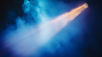 A stage light casting a vibrant beam through a haze of smoke, adding drama to the performance