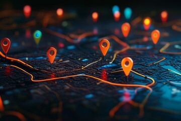 abstract map with location pins on dark background for urban travel and real estate search engine