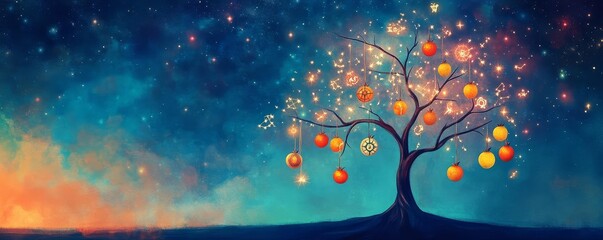 Illustration of a cosmic tree with zodiac fruits hanging from its branches, magical realism