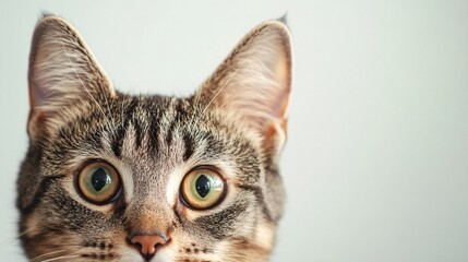 Wall Mural - A close-up of a tabby cat's face highlighting its unique fur pattern and expressive eyes, against a light solid color background