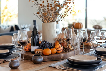 Wall Mural - Autumn table setting featuring pumpkins, dried flowers, and neutral toned dinnerware