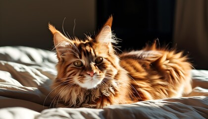 Wall Mural - Sunlit rest of a red fluffy domestic cat lounging in a cozy bed