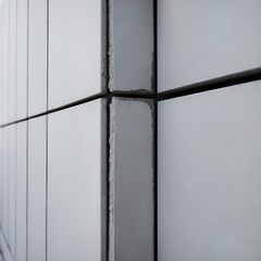 close-up view of a corner of a wall. The wall is composed of smooth, light gray concrete panels with a visible seam where two panels meet