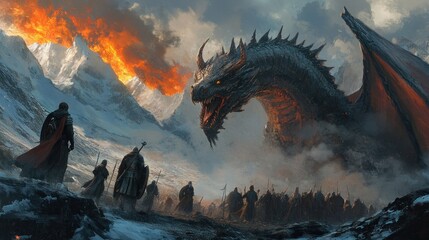 Wall Mural - A Fiery Dragon Looms Over a Group of Warriors in a Snowy Mountain Pass