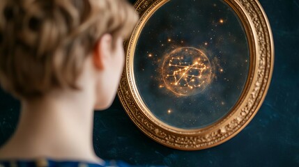 person gazing into a mirror that reflects a zodiac constellation, self-reflection and destiny