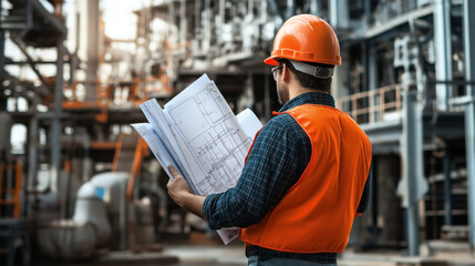 Wall Mural - Construction worker in a hard hat and safety vest holding blueprints, overseeing an industrial site with complex steel structures and machinery.