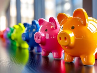 Colorful piggy banks lined up on a table, symbolizing savings, finance, and budgeting in a playful and vibrant setting.