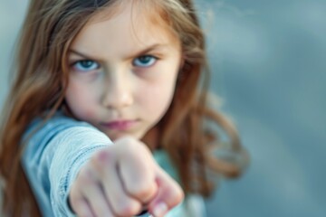 A fierce young girl stands strong, her fist raised high, embodying incredible strength and bold confidence