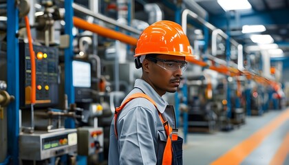 Wall Mural - Vibrant orange safety helmet worn by a factory worker amidst bustling industrial production environment