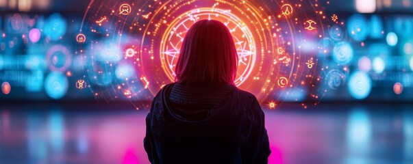 person surrounded by holographic displays of zodiac readings, blending science fiction with astrolog