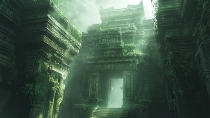 Wall Mural - Ancient Stone Temple Overgrown with Vines and Fog