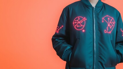 Person wearing a jacket with glowing zodiac patches, modern fashion with mystic elements