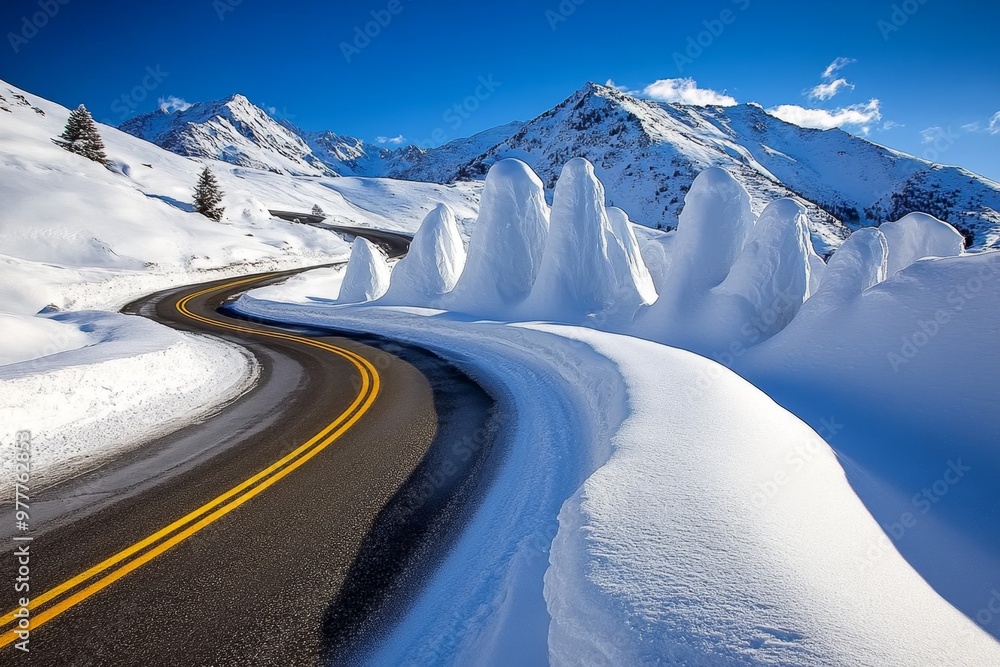 Ilustración de Stock Winter nature landscape of a mountain pass covered ...