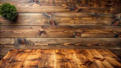 Poster - Top view of a wooden table with a brown grain texture against a wood wall, rustic and natural aesthetic