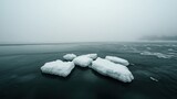 A serene view of drifting ice on a tranquil, misty lake, evoking a sense of cold solitude and winter beauty.