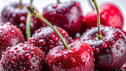 Juicy red cherries sit together, covered in glistening water droplets, showcasing their freshness and beauty, ideal for various culinary uses and summer enjoyment