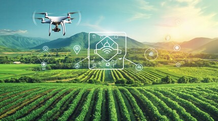 A modern agricultural field being monitored by drones, demonstrating the use of technology in farming for precision agriculture and crop management.